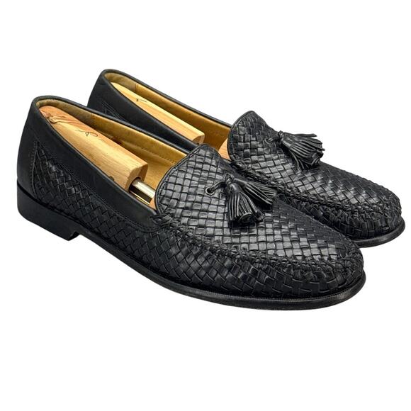 Johnston & Murphy Black Woven Sheepskin Leather Tassel Slip On Loafer Men 10.5M - Picture 1 of 8